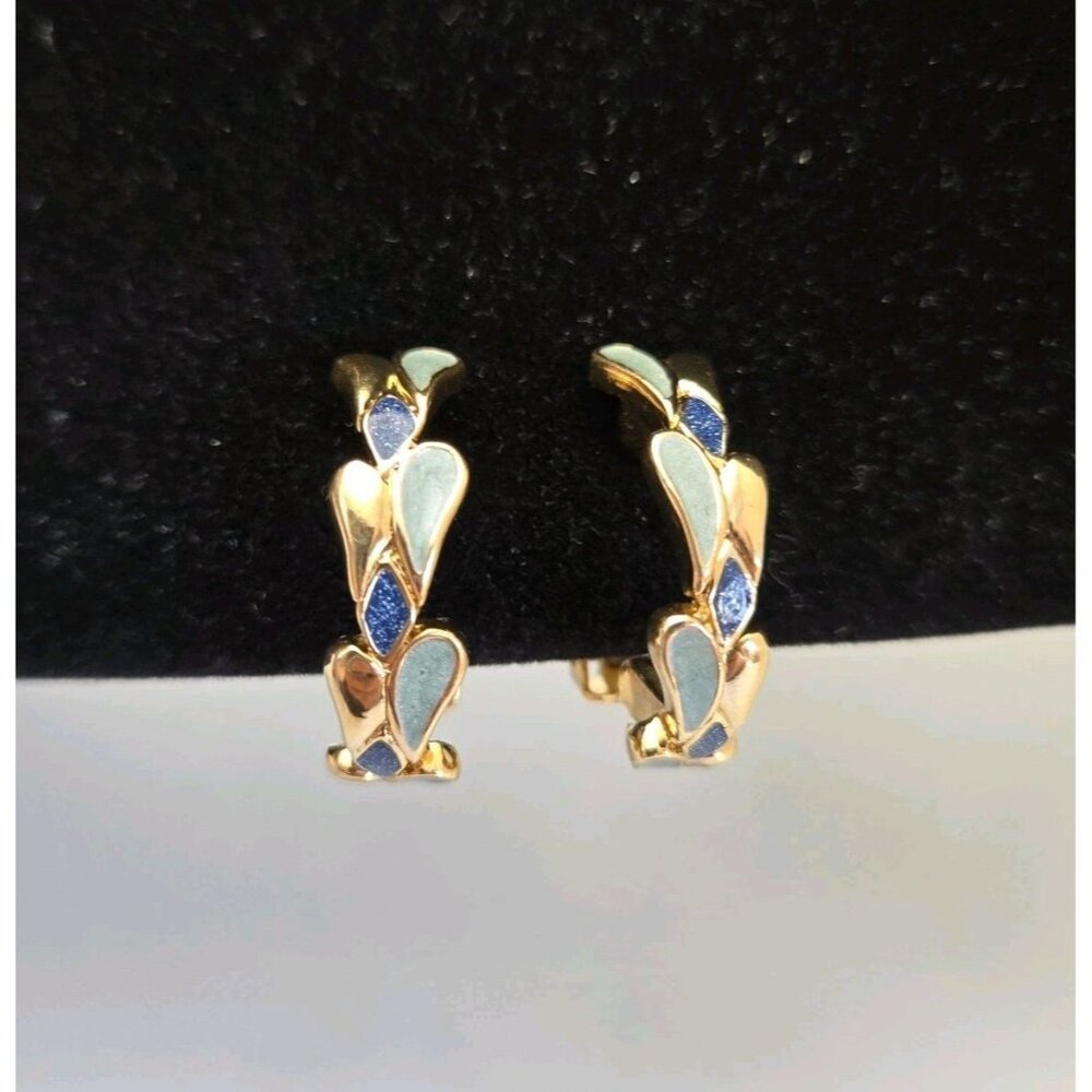 Lydia Mallorca 80s Gold Plated Blue Enamel Droplets Half Hoop 1" ClipOn Earrings
